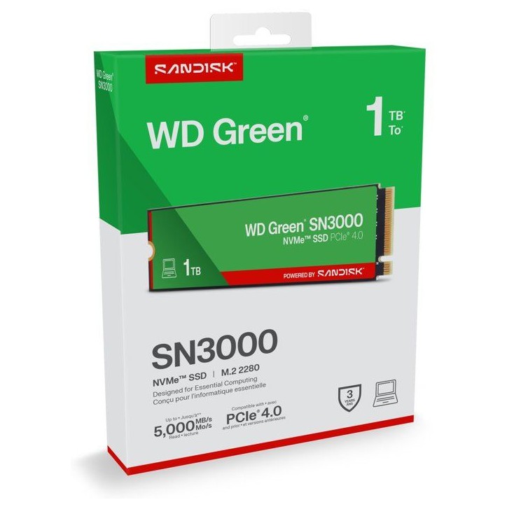 WESTERN DIGITAL - WDS100T4G0E - SSD Interne - Green - SN3000 - NVMe - 1 To WESTERN DIGITAL - WDS100T4G0E - SSD Interne - Green - SN3000 - NVMe - 1 To