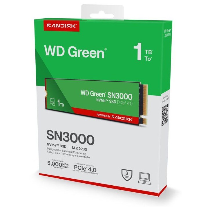 WESTERN DIGITAL - WDS100T4G0E - SSD Interne - Green - SN3000 - NVMe - 1 To WESTERN DIGITAL - WDS100T4G0E - SSD Interne - Green - SN3000 - NVMe - 1 To
