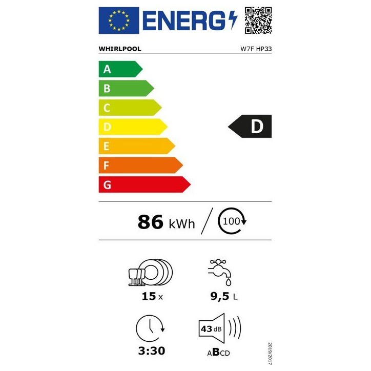 Lave-vaisselle pose libre WHIRLPOOL W7F HP33 - 15 couverts - Induction - L60cm - 43 dB - Classe D - Tiroir a couverts - Blanc