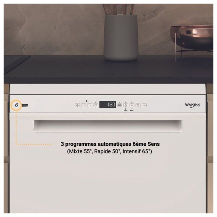 Lave-vaisselle pose libre WHIRLPOOL W7F HP33 - 15 couverts - Induction - L60cm - 43 dB - Classe D - Tiroir a couverts - Blanc