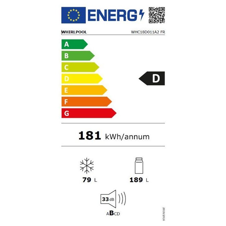 Réfrigérateur combiné WHIRLPOOL WHC18D011A2FR - Encastrable - 268 L - Classe D - 54 x 54,5 x 177 cm