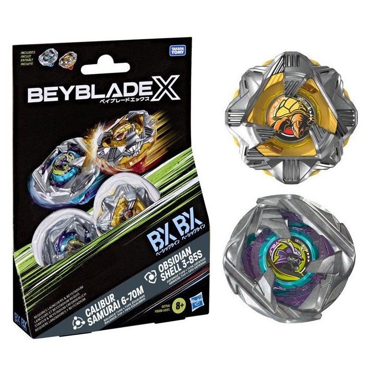 Beyblade X Dual Pack Calibur Samurai 6-70M BX et Obsidian Shell 3-85S BX, 2 toupies de combat Takara Tomy a rotation droite, de
