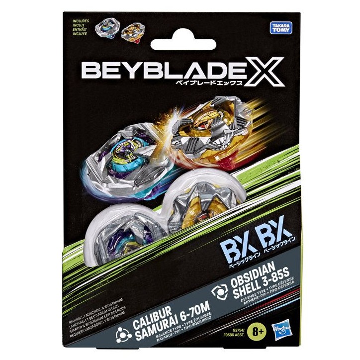 Beyblade X Dual Pack Calibur Samurai 6-70M BX et Obsidian Shell 3-85S BX, 2 toupies de combat Takara Tomy a rotation droite, de