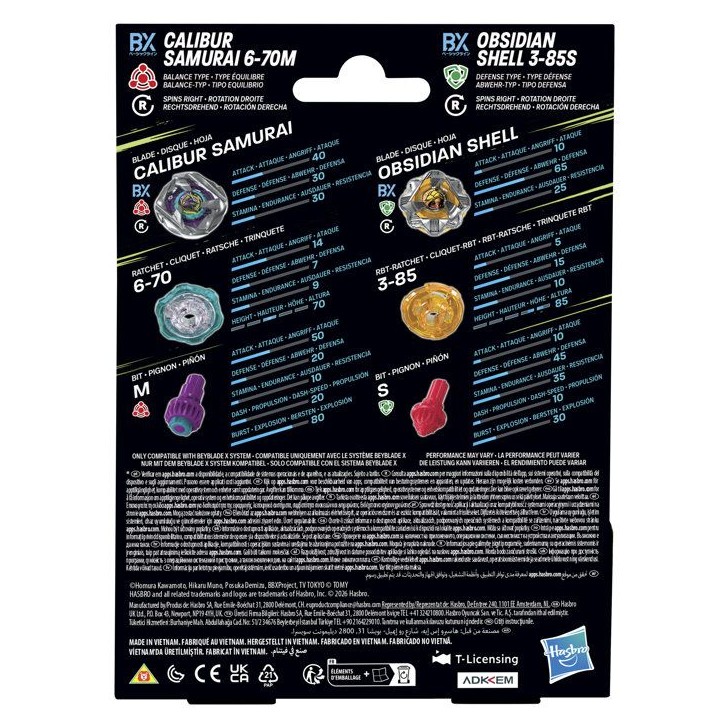 Beyblade X Dual Pack Calibur Samurai 6-70M BX et Obsidian Shell 3-85S BX, 2 toupies de combat Takara Tomy a rotation droite, de