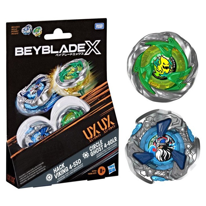 Beyblade X Dual Pack Circle Ghost 4-60LR UX et Hack Viking 4-55O UX, 2 toupies de combat Takara Tomy a rotation droite, des 8 