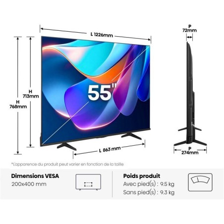 Hisense 55A6S - TV LED 55 (139 cm) - 4K UHD 3840x2160 - HDR10+ - Smart TV Vidaa - 3xHDMI 2.1 - WiFi