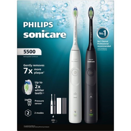 Brosse a dents électrique sonique double manche - PHILIPS - HX7119/01 - Série 5500 - blanc et noir - rechargeable