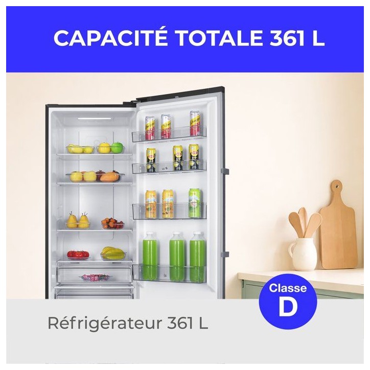 Réfrigérateur - CONTINENTAL EDISON - 1 porte - 361 L - Total No Frost (Sans givre) - Classe D - L 60 x P 66 x H 185 cm - Silve