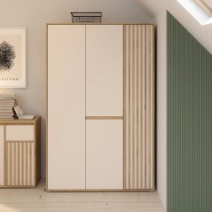 Armoire de chambre - ELLISTON - Décor Sable et Chene - 3 portes batta