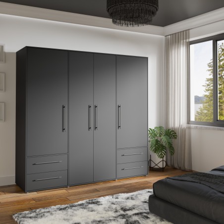 Armoire de chambre - MOKKARIS - Décor Noir - 4 portes battantes - 4 t