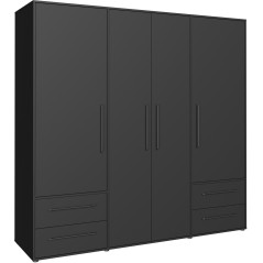 Armoire de chambre - MOKKARIS - Décor Noir - 4 portes battantes - 4 tiroirs - L205,9 x P58,8 x H200cm