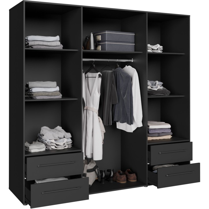 Armoire de chambre - MOKKARIS - Décor Noir - 4 portes battantes - 4 tiroirs - L205,9 x P58,8 x H200cm