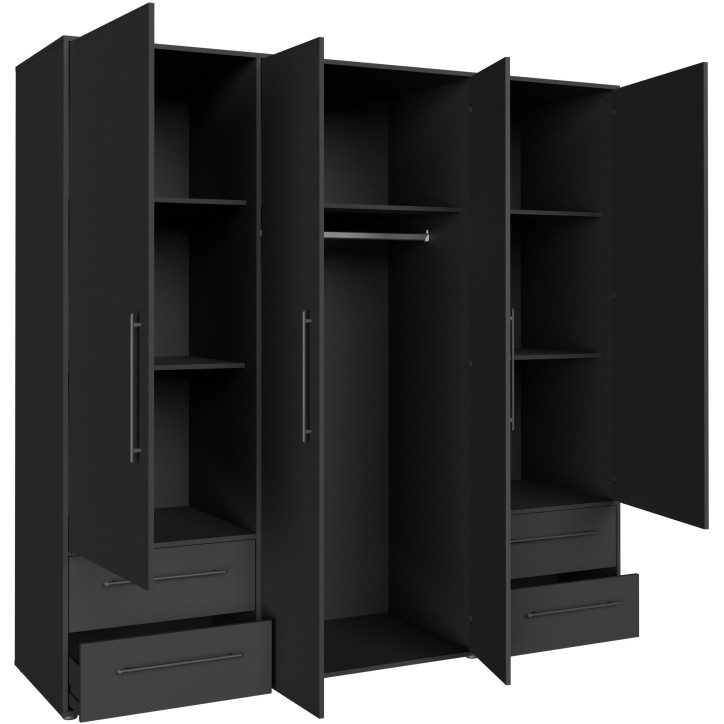 Armoire de chambre - MOKKARIS - Décor Noir - 4 portes battantes - 4 tiroirs - L205,9 x P58,8 x H200cm