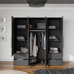 Armoire de chambre - MOKKARIS - Décor Noir - 4 portes battantes - 4 t