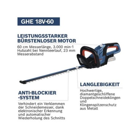 Bosch Professional 18V Taille-haies sans-fil GHE 18V-60 (moteur sans charbon, 20 mm de coupe) sans batterie