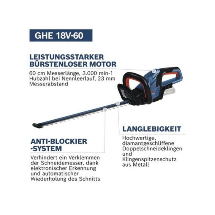 Bosch Professional 18V Taille-haies sans-fil GHE 18V-60 (moteur sans charbon, 20 mm de coupe) sans batterie Bosch Professional 18V Taille-haies sans-fil GHE 18V-60 (moteur sans charbon, 20 mm de coupe) sans batterie