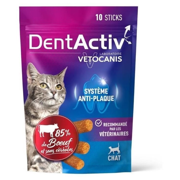 DentActiv - 10 Bâtonnets - VETOCANIS - Hygiène Bucco-Dentaire au Bœuf pour Chat
