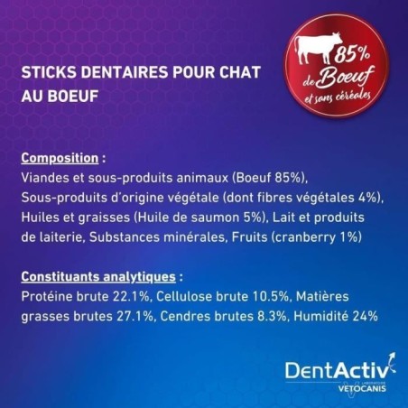 DentActiv - 10 Bâtonnets - VETOCANIS - Hygiène Bucco-Dentaire au Bœuf pour Chat