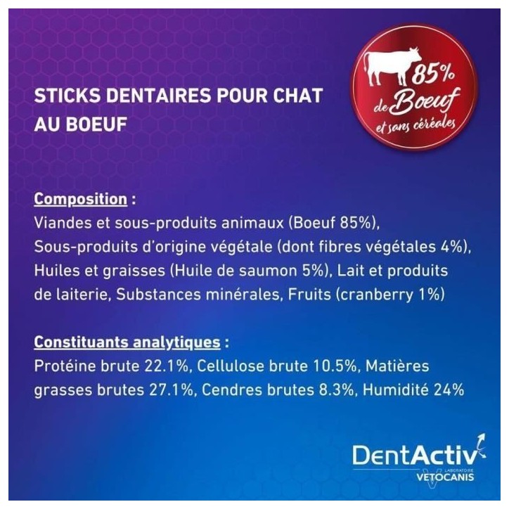 DentActiv - 10 Bâtonnets - VETOCANIS - Hygiène Bucco-Dentaire au Bœuf pour Chat