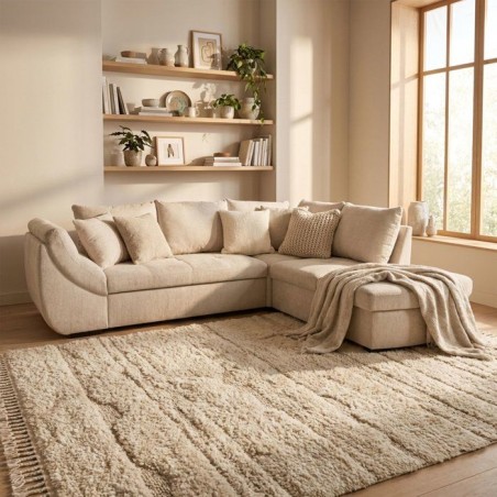 Canapé d'angle convertible réversible - 4 à 5 places - CALVIN - Tissu chenille Perle - Coffre - 257 x 214 x 88 cm