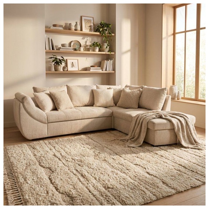 Canapé d'angle convertible réversible - 4 à 5 places - CALVIN - Tissu chenille Perle - Coffre - 257 x 214 x 88 cm Canapé d'angle convertible réversible - 4 à 5 places - CALVIN - Tissu chenille Perle - Coffre - 257 x 214 x 88 cm