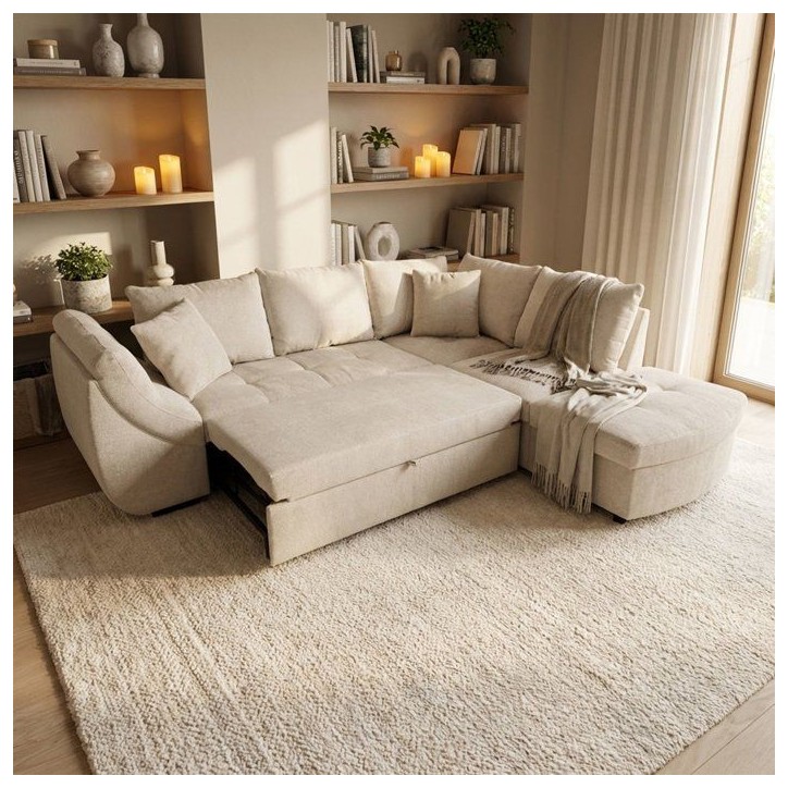 Canapé d'angle convertible réversible - 4 à 5 places - CALVIN - Tissu chenille Perle - Coffre - 257 x 214 x 88 cm Canapé d'angle convertible réversible - 4 à 5 places - CALVIN - Tissu chenille Perle - Coffre - 257 x 214 x 88 cm