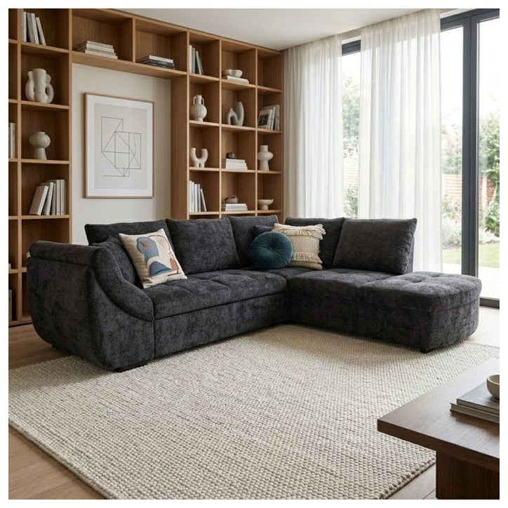 Canapé d'angle convertible réversible - 4 à 5 places - CALVIN - Tissu chenille Noir - Coffre - 257 x 214 x 88 cm Canapé d'angle convertible réversible - 4 à 5 places - CALVIN - Tissu chenille Noir - Coffre - 257 x 214 x 88 cm