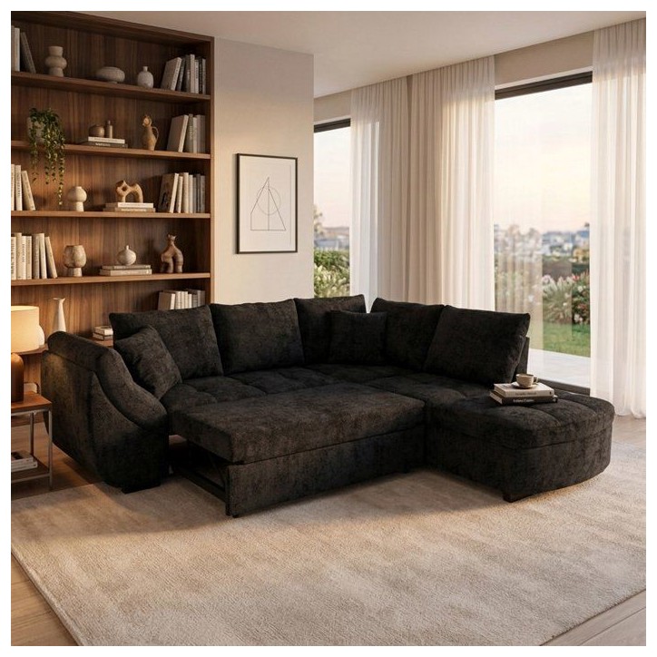 Canapé d'angle convertible réversible - 4 à 5 places - CALVIN - Tissu chenille Noir - Coffre - 257 x 214 x 88 cm Canapé d'angle convertible réversible - 4 à 5 places - CALVIN - Tissu chenille Noir - Coffre - 257 x 214 x 88 cm