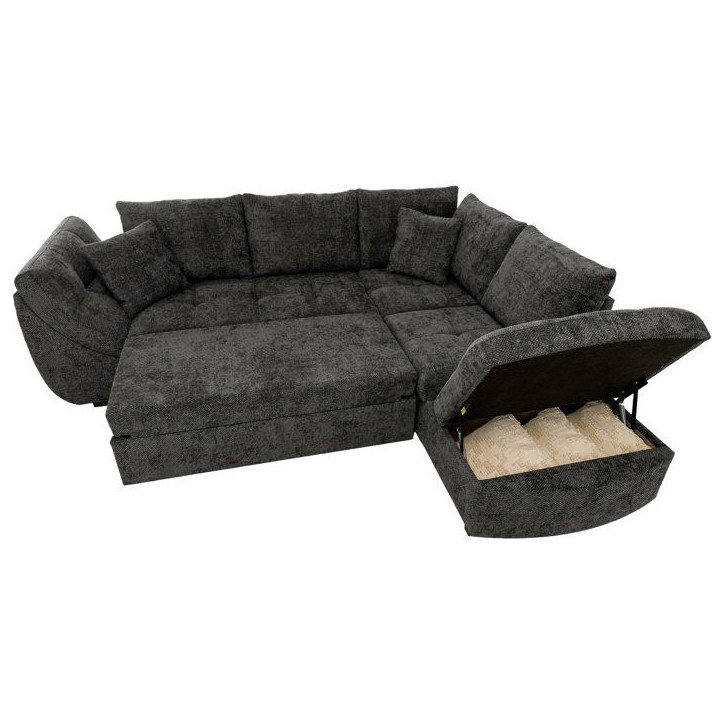 Canapé d'angle convertible réversible - 4 à 5 places - CALVIN - Tissu chenille Noir - Coffre - 257 x 214 x 88 cm Canapé d'angle convertible réversible - 4 à 5 places - CALVIN - Tissu chenille Noir - Coffre - 257 x 214 x 88 cm