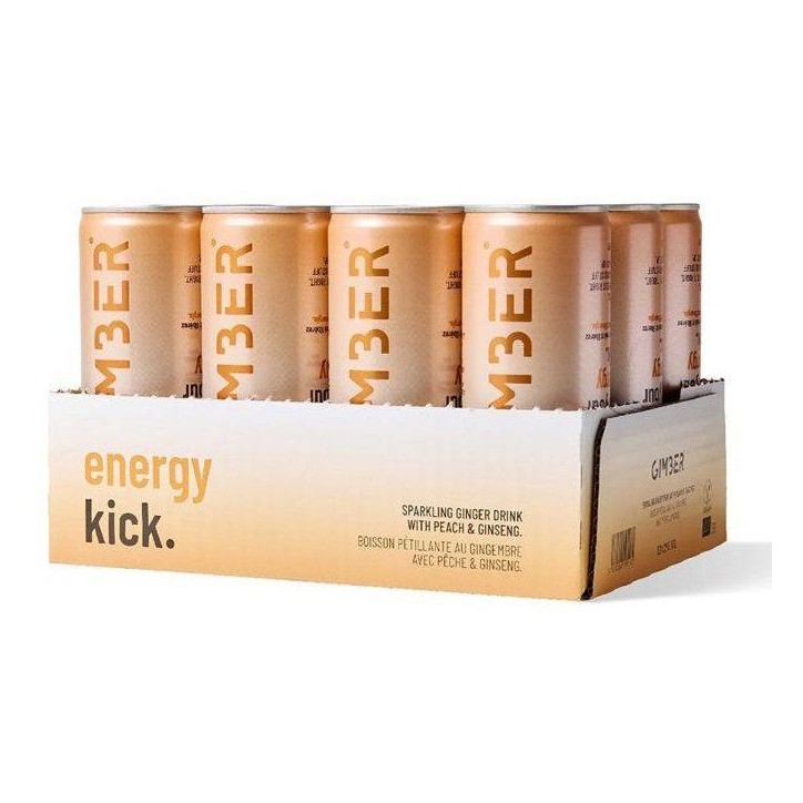 Gimber - Prêt-à-boire - Canette - Gingembre avec pêche et ginseng - 12 x 250 ml - Bio