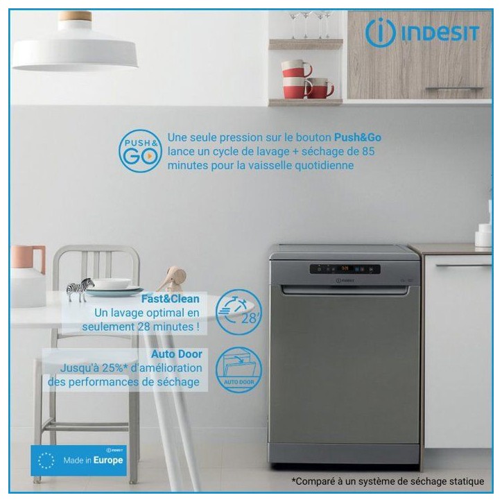 Lave-vaisselle pose libre INDESIT I0FD641AX - 14 couverts - Induction - L60cm - 41 dB - tiroir à couverts - Autodoor - Silver