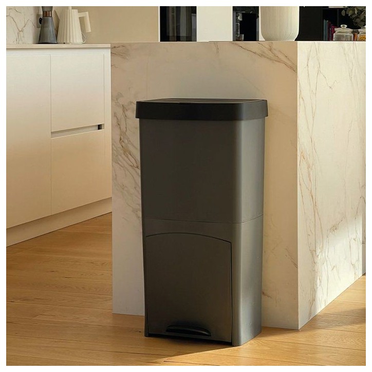 Poubelle de cuisine tri sélectif 70L - PICEA - Double compartiment vertical - Gris - KITCHEN MOVE