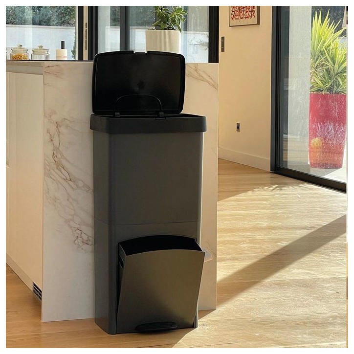 Poubelle de cuisine tri sélectif 70L - PICEA - Double compartiment vertical - Gris - KITCHEN MOVE