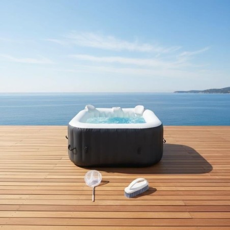 KIT TOUT INCLUS SUNSPA: spa gonflable carré 4 places et accessoires : 2 appuis têtes, filtre, épuisette, brosse, tapis, couve