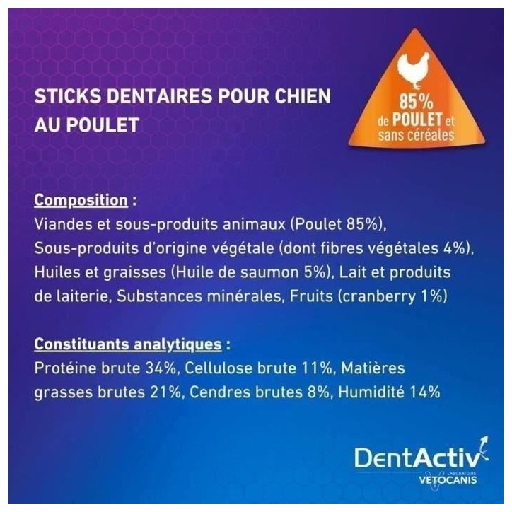 DentActiv - 7 Bâtonnets - VETOCANIS - Hygiène Bucco-Dentaire au Poulet pour Chien 15kg+ DentActiv - 7 Bâtonnets - VETOCANIS - Hygiène Bucco-Dentaire au Poulet pour Chien 15kg+