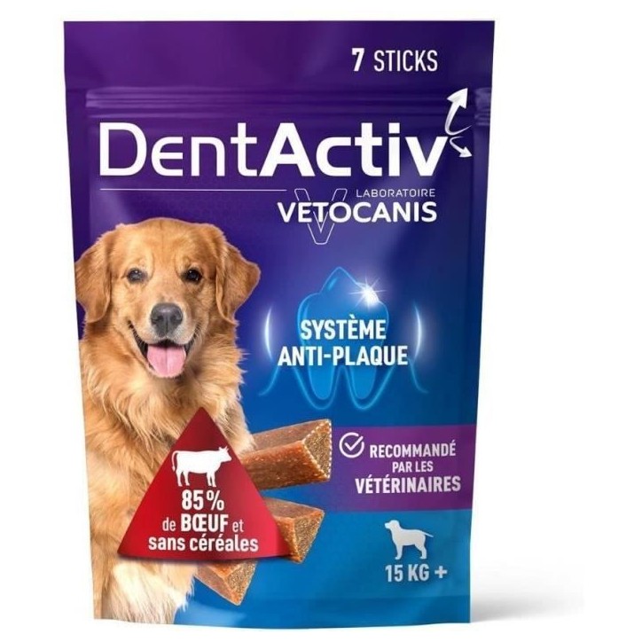 DentActiv - 7 Bâtonnets - VETOCANIS - 7 Bâtonnets Hygiène Bucco-Dentaire au Bœuf pour Chien 15kg+ DentActiv - 7 Bâtonnets - VETOCANIS - 7 Bâtonnets Hygiène Bucco-Dentaire au Bœuf pour Chien 15kg+