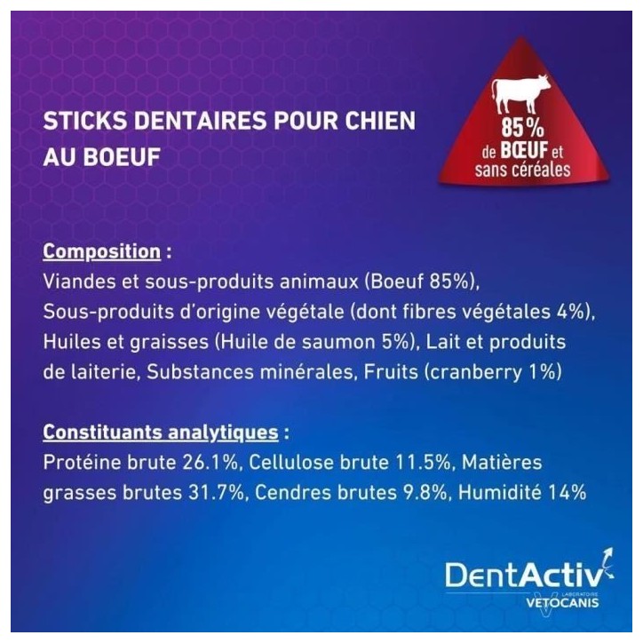 DentActiv - 7 Bâtonnets - VETOCANIS - 7 Bâtonnets Hygiène Bucco-Dentaire au Bœuf pour Chien 15kg+ DentActiv - 7 Bâtonnets - VETOCANIS - 7 Bâtonnets Hygiène Bucco-Dentaire au Bœuf pour Chien 15kg+