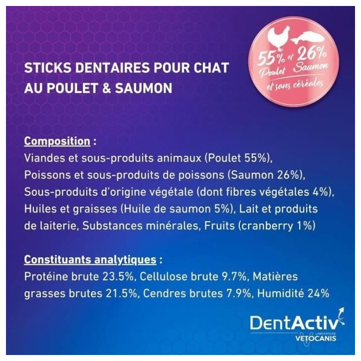 DentActiv - 10 Bâtonnets - VETOCANIS - Hygiène Bucco-Dentaire au Saumon pour Chat