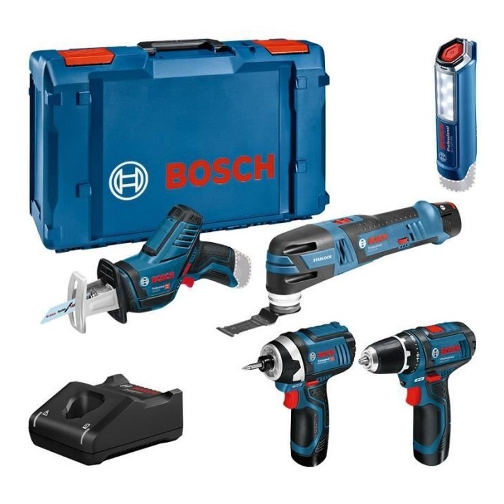 KIT 5 OUTILS Bosch Professional : GSR 12V15 + GOP 12V28 + GDR 12V105 + GSA 12V14 + GLI 12V300 + 3x2,0Ah + Chargeur,XLBoxx-061599