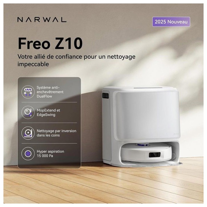 NARWAL Freo Z10 - Robot Aspirateur et Laveur avec Systeme Anti-Enchevetrement - 15000 Pa - Base Autonome - Nettoyage a 75°C