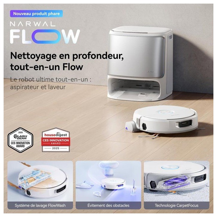 NARWAL FLOW - Aspirateur Robot Laveur avec Station - 22 000 Pa - DualFlow Anti-Enchevetrement Poil Animaux - Systeme Lavage Flow