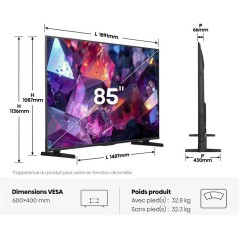 Hisense 85E7S Pro - TV QLED 85 (215 cm) - 4K UHD 3840x2160 - 144 Hz - Caisson de basses intégré - HDR10+ - Smart TV - 4x HDMI