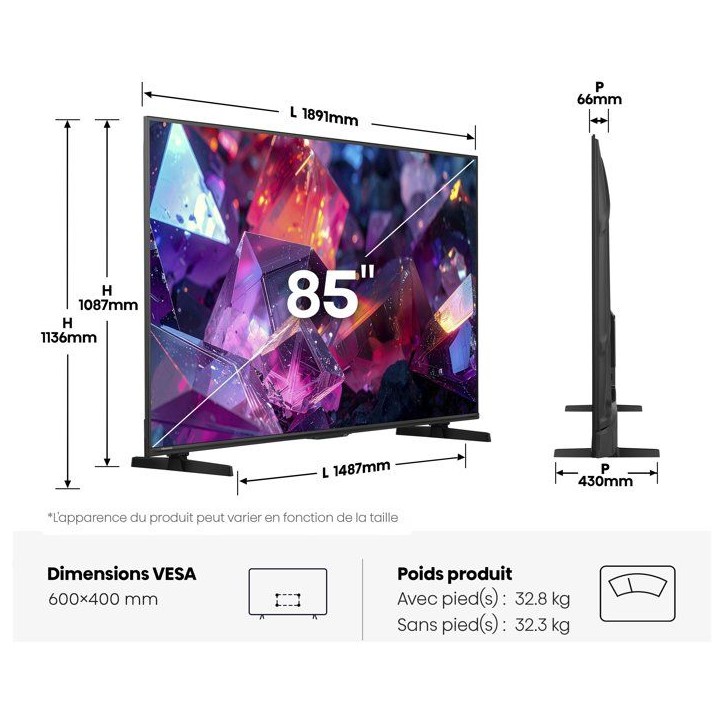 Hisense 85E7S Pro - TV QLED 85 (215 cm) - 4K UHD 3840x2160 - 144 Hz - Caisson de basses intégré - HDR10+ - Smart TV - 4x HDMI Hisense 85E7S Pro - TV QLED 85 (215 cm) - 4K UHD 3840x2160 - 144 Hz - Caisson de basses intégré - HDR10+ - Smart TV - 4x HDMI