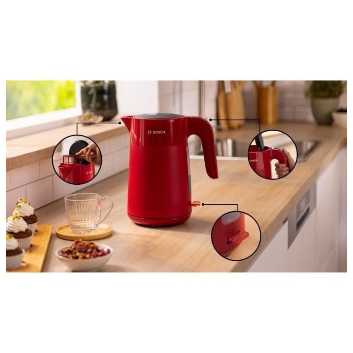 Bouilloire - BOSCH - TWK2M164 MyMoment - Rouge Mate - indicateur de tasses - niveau d'eau visible Bouilloire - BOSCH - TWK2M164 MyMoment - Rouge Mate - indicateur de tasses - niveau d'eau visible