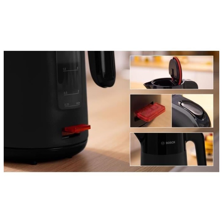 Bouilloire - BOSCH - TWK2M163 MyMoment - Noire Mate - indicateur de tasses - niveau d'eau visible au niveau de la poignée Bouilloire - BOSCH - TWK2M163 MyMoment - Noire Mate - indicateur de tasses - niveau d'eau visible au niveau de la poignée