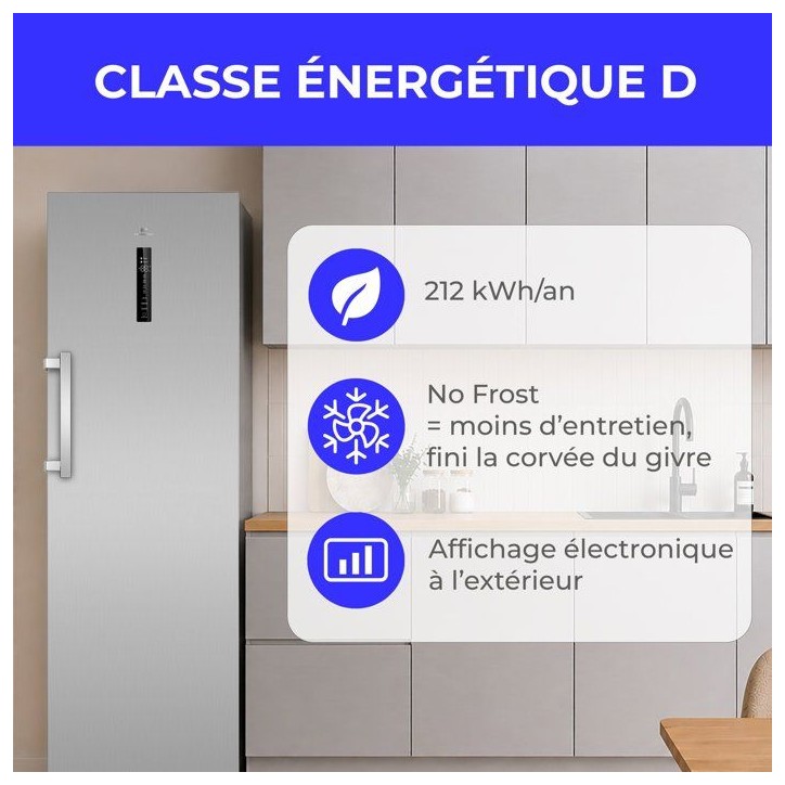 Congélateur armoire - CONTINENTAL EDISON - CECUF300NFIXD - 329 L - Classe D - Affichage digital - 59,5 x 64,8 x 185 cm - Inox Congélateur armoire - CONTINENTAL EDISON - CECUF300NFIXD - 329 L - Classe D - Affichage digital - 59,5 x 64,8 x 185 cm - Inox