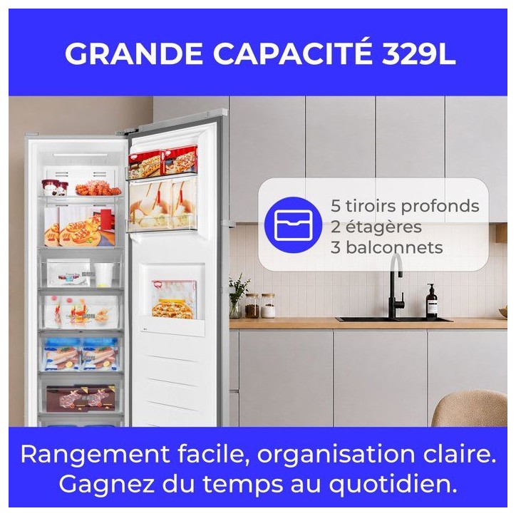 Congélateur armoire - CONTINENTAL EDISON - CECUF300NFIXD - 329 L - Classe D - Affichage digital - 59,5 x 64,8 x 185 cm - Inox Congélateur armoire - CONTINENTAL EDISON - CECUF300NFIXD - 329 L - Classe D - Affichage digital - 59,5 x 64,8 x 185 cm - Inox