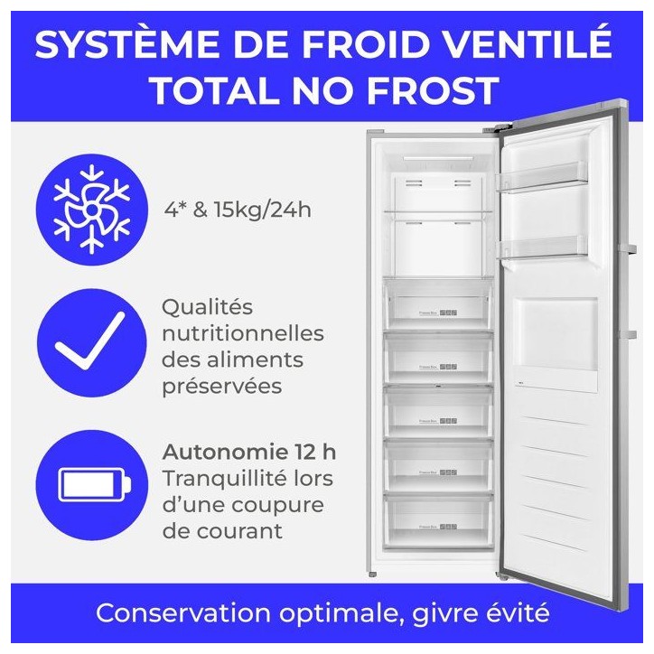 Congélateur armoire - CONTINENTAL EDISON - CECUF300NFIXD - 329 L - Classe D - Affichage digital - 59,5 x 64,8 x 185 cm - Inox Congélateur armoire - CONTINENTAL EDISON - CECUF300NFIXD - 329 L - Classe D - Affichage digital - 59,5 x 64,8 x 185 cm - Inox