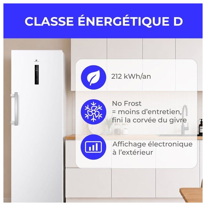 Congélateur armoire - CONTINENTAL EDISON - CECUF300NFWD - 329 L - Classe D - Affichage digital - 59,5 x 64,8 x 185 cm - Blanc Congélateur armoire - CONTINENTAL EDISON - CECUF300NFWD - 329 L - Classe D - Affichage digital - 59,5 x 64,8 x 185 cm - Blanc