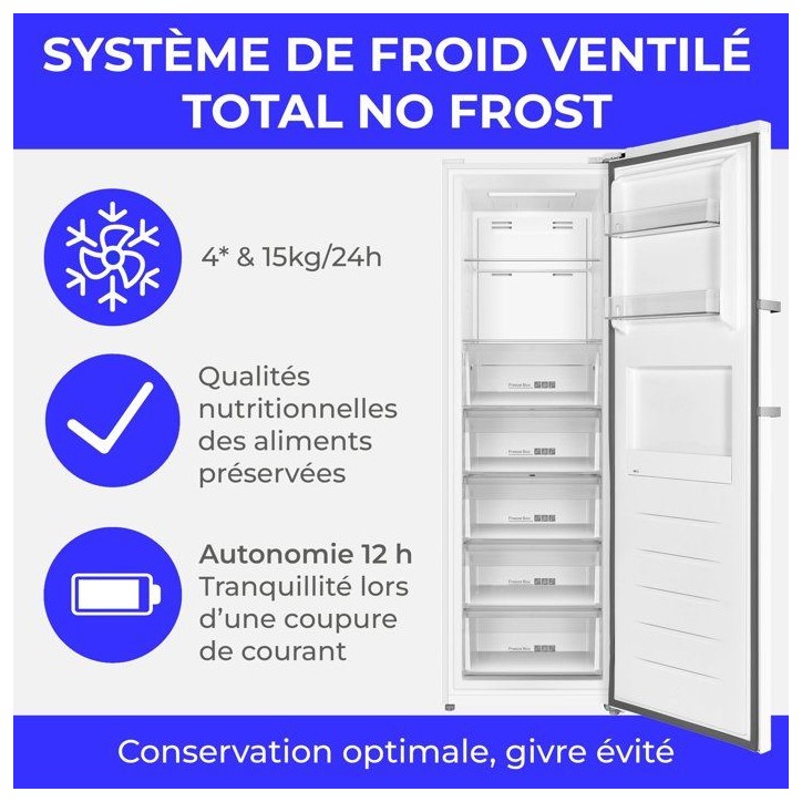 Congélateur armoire - CONTINENTAL EDISON - CECUF300NFWD - 329 L - Classe D - Affichage digital - 59,5 x 64,8 x 185 cm - Blanc Congélateur armoire - CONTINENTAL EDISON - CECUF300NFWD - 329 L - Classe D - Affichage digital - 59,5 x 64,8 x 185 cm - Blanc